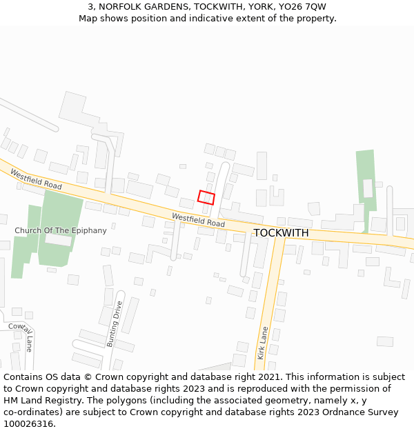 3, NORFOLK GARDENS, TOCKWITH, YORK, YO26 7QW: Location map and indicative extent of plot