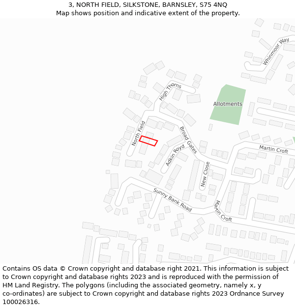 3, NORTH FIELD, SILKSTONE, BARNSLEY, S75 4NQ: Location map and indicative extent of plot