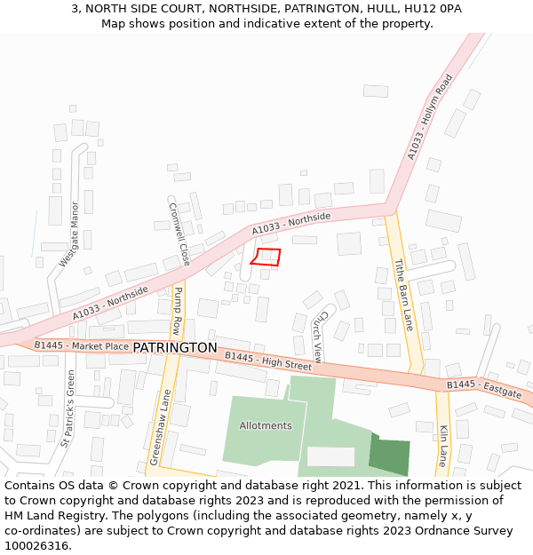 3, NORTH SIDE COURT, NORTHSIDE, PATRINGTON, HULL, HU12 0PA: Location map and indicative extent of plot