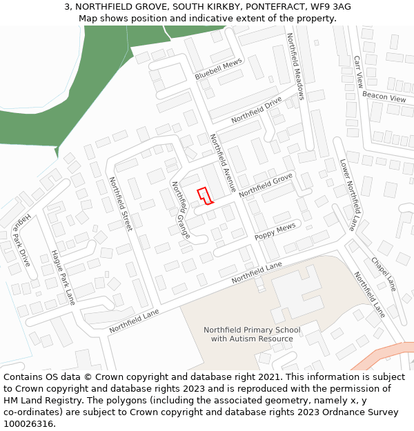 3, NORTHFIELD GROVE, SOUTH KIRKBY, PONTEFRACT, WF9 3AG: Location map and indicative extent of plot