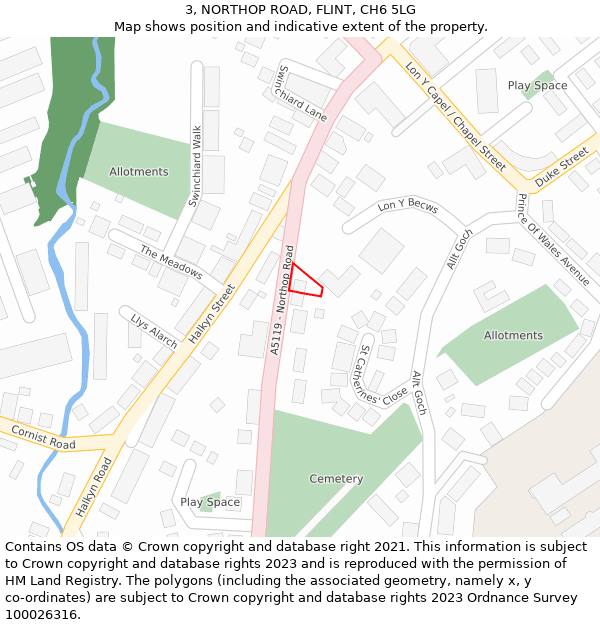 3, NORTHOP ROAD, FLINT, CH6 5LG: Location map and indicative extent of plot