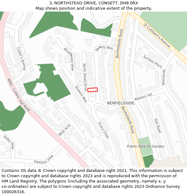 3, NORTHSTEAD DRIVE, CONSETT, DH8 0RX: Location map and indicative extent of plot