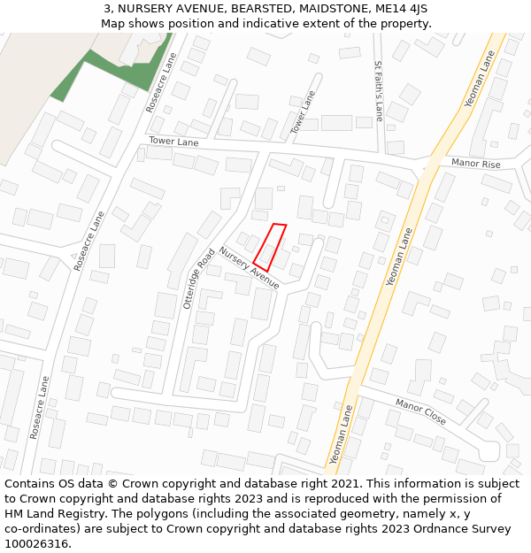 3, NURSERY AVENUE, BEARSTED, MAIDSTONE, ME14 4JS: Location map and indicative extent of plot