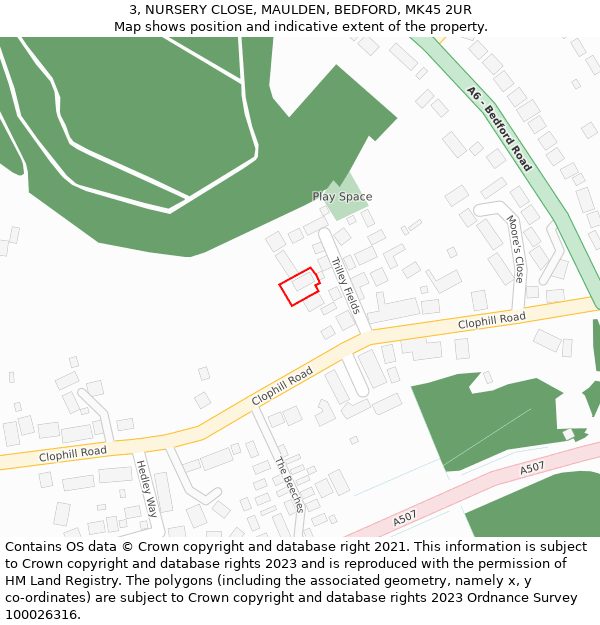 3, NURSERY CLOSE, MAULDEN, BEDFORD, MK45 2UR: Location map and indicative extent of plot