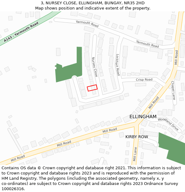 3, NURSEY CLOSE, ELLINGHAM, BUNGAY, NR35 2HD: Location map and indicative extent of plot