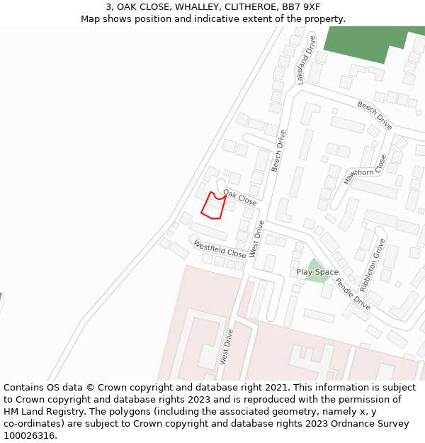 3, OAK CLOSE, WHALLEY, CLITHEROE, BB7 9XF: Location map and indicative extent of plot