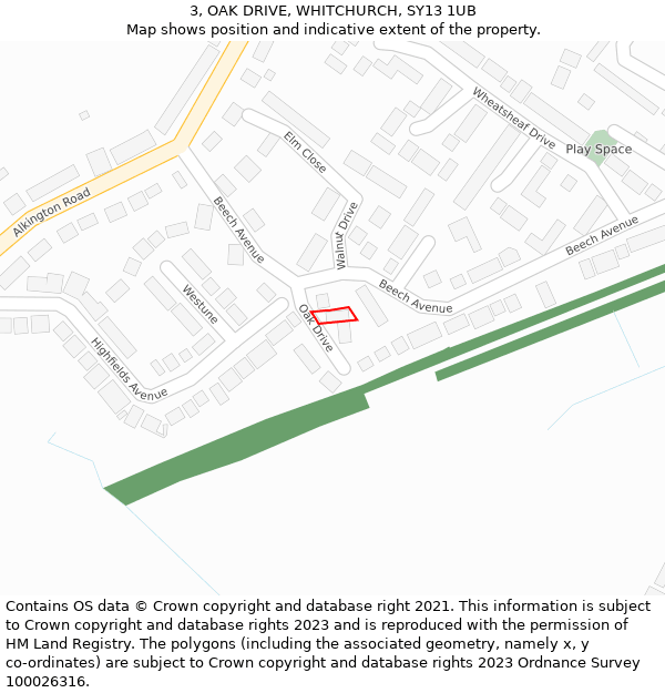 3, OAK DRIVE, WHITCHURCH, SY13 1UB: Location map and indicative extent of plot