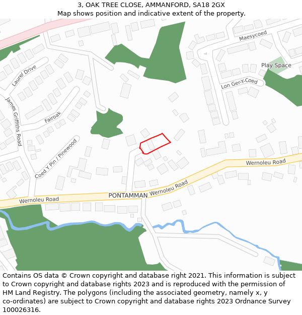 3, OAK TREE CLOSE, AMMANFORD, SA18 2GX: Location map and indicative extent of plot