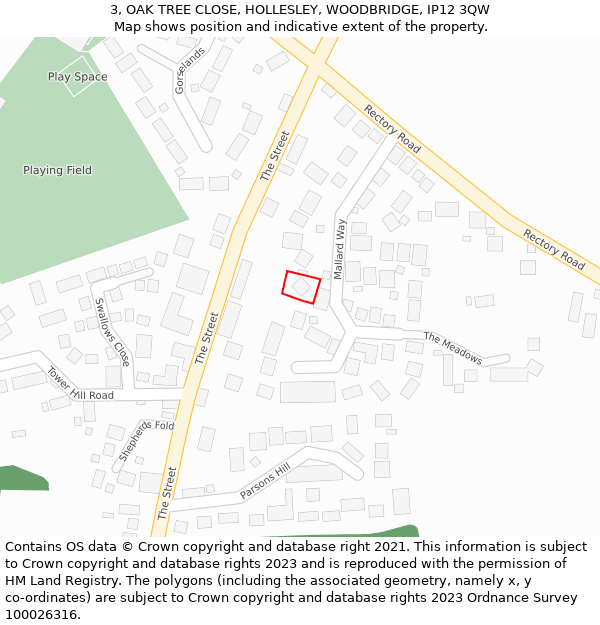 3, OAK TREE CLOSE, HOLLESLEY, WOODBRIDGE, IP12 3QW: Location map and indicative extent of plot