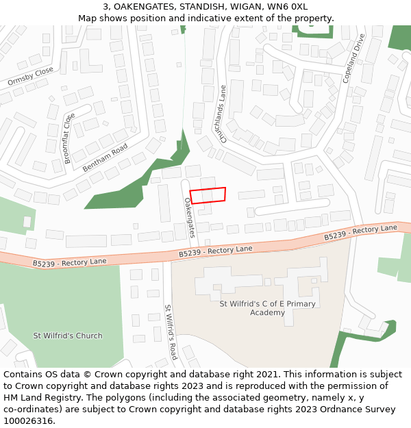 3, OAKENGATES, STANDISH, WIGAN, WN6 0XL: Location map and indicative extent of plot