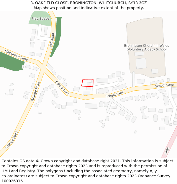 3, OAKFIELD CLOSE, BRONINGTON, WHITCHURCH, SY13 3GZ: Location map and indicative extent of plot