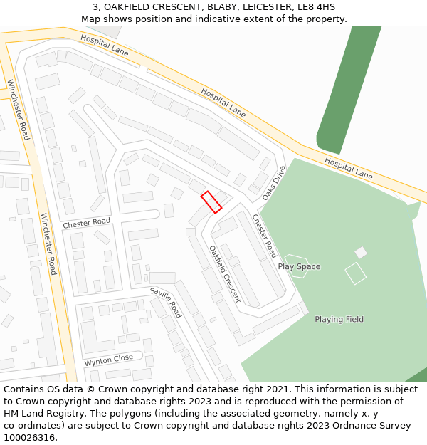 3, OAKFIELD CRESCENT, BLABY, LEICESTER, LE8 4HS: Location map and indicative extent of plot