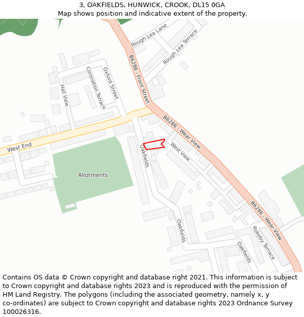 3, OAKFIELDS, HUNWICK, CROOK, DL15 0GA: Location map and indicative extent of plot