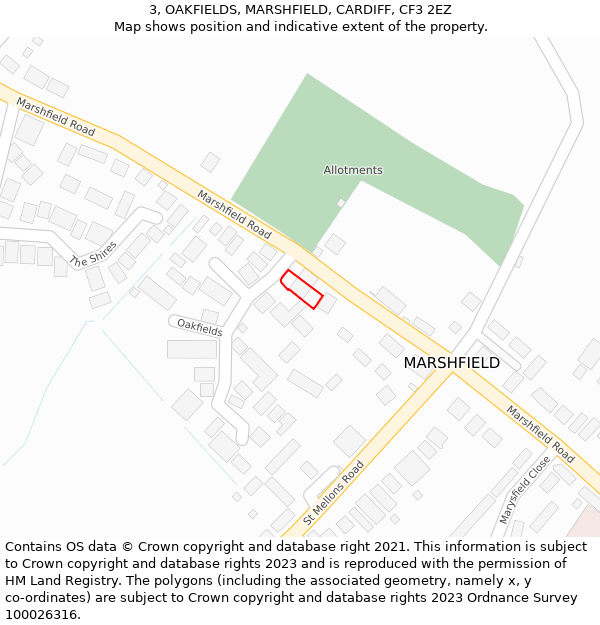 3, OAKFIELDS, MARSHFIELD, CARDIFF, CF3 2EZ: Location map and indicative extent of plot