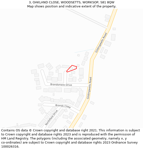 3, OAKLAND CLOSE, WOODSETTS, WORKSOP, S81 8QW: Location map and indicative extent of plot