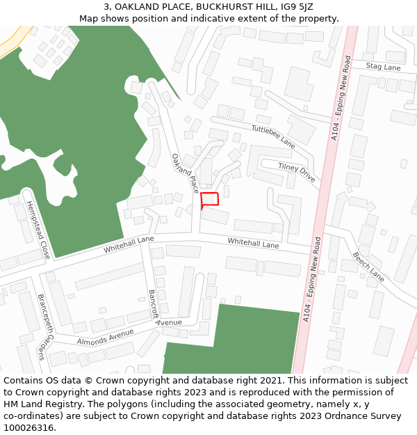 3, OAKLAND PLACE, BUCKHURST HILL, IG9 5JZ: Location map and indicative extent of plot