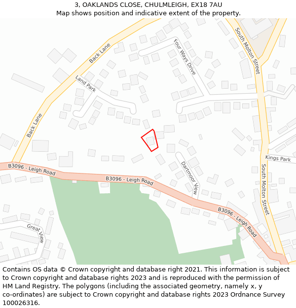 3, OAKLANDS CLOSE, CHULMLEIGH, EX18 7AU: Location map and indicative extent of plot