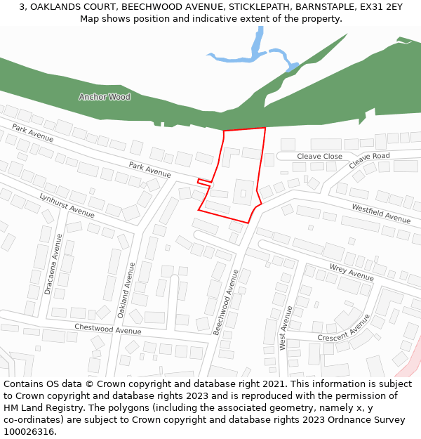 3, OAKLANDS COURT, BEECHWOOD AVENUE, STICKLEPATH, BARNSTAPLE, EX31 2EY: Location map and indicative extent of plot