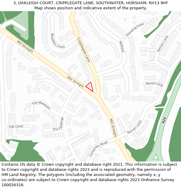 3, OAKLEIGH COURT, CRIPPLEGATE LANE, SOUTHWATER, HORSHAM, RH13 9HF: Location map and indicative extent of plot