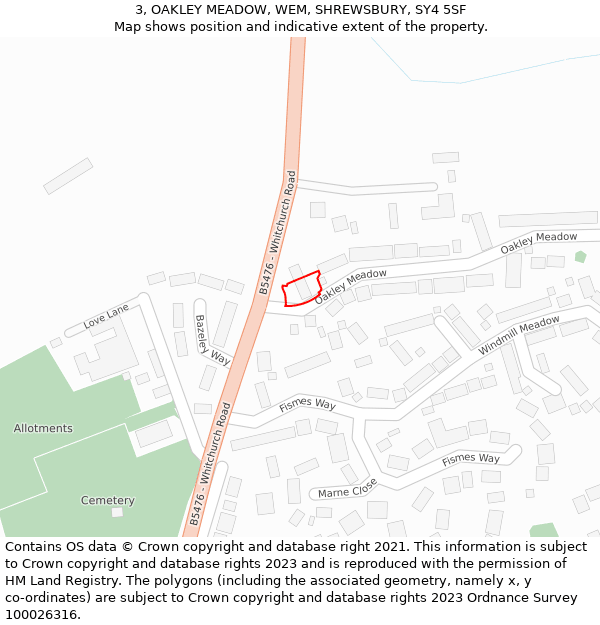 3, OAKLEY MEADOW, WEM, SHREWSBURY, SY4 5SF: Location map and indicative extent of plot