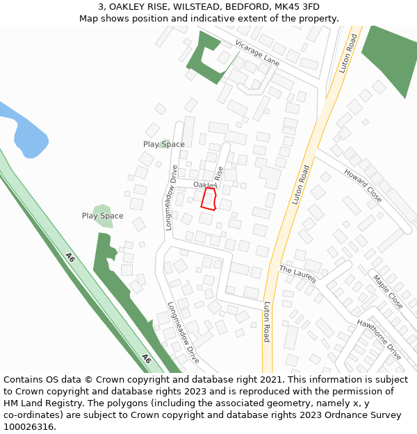 3, OAKLEY RISE, WILSTEAD, BEDFORD, MK45 3FD: Location map and indicative extent of plot