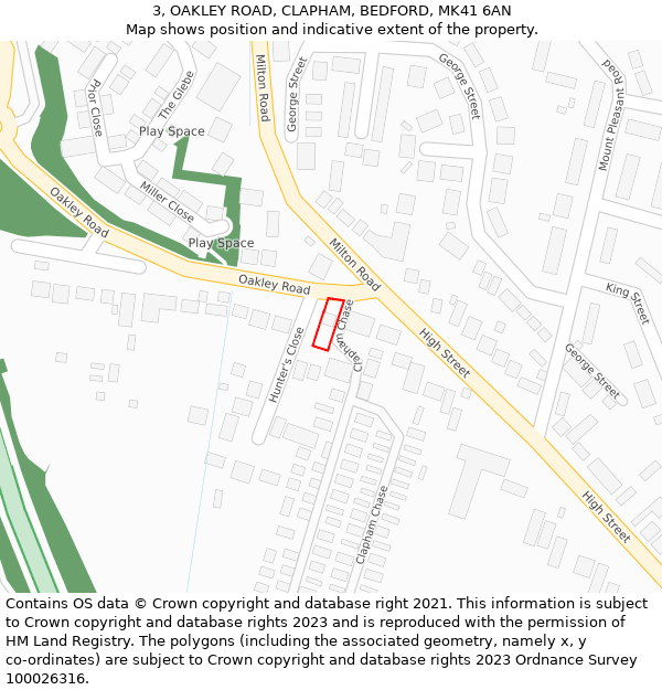 3, OAKLEY ROAD, CLAPHAM, BEDFORD, MK41 6AN: Location map and indicative extent of plot