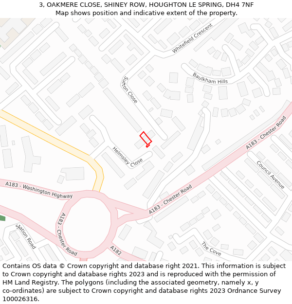 3, OAKMERE CLOSE, SHINEY ROW, HOUGHTON LE SPRING, DH4 7NF: Location map and indicative extent of plot