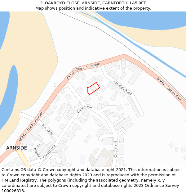 3, OAKROYD CLOSE, ARNSIDE, CARNFORTH, LA5 0ET: Location map and indicative extent of plot