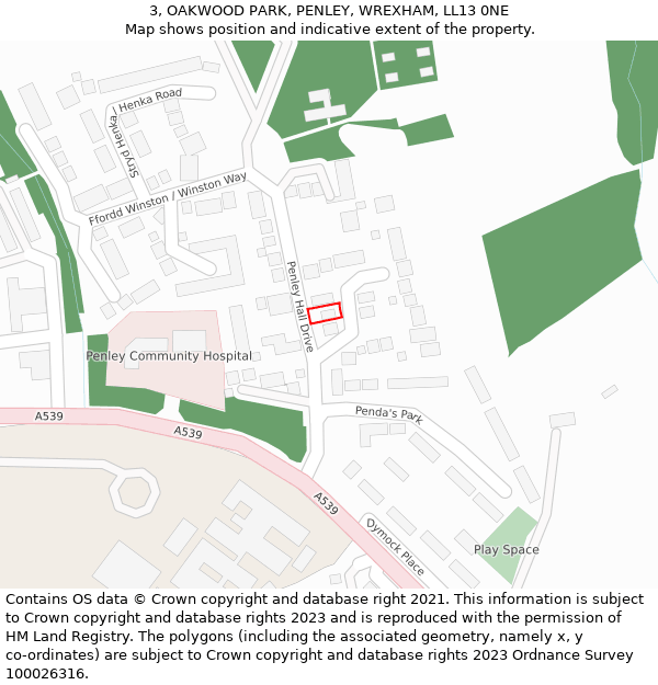 3, OAKWOOD PARK, PENLEY, WREXHAM, LL13 0NE: Location map and indicative extent of plot