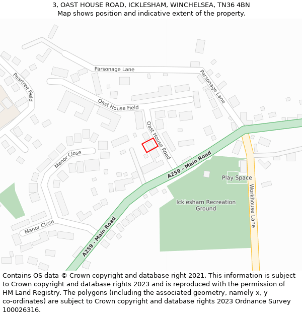 3, OAST HOUSE ROAD, ICKLESHAM, WINCHELSEA, TN36 4BN: Location map and indicative extent of plot