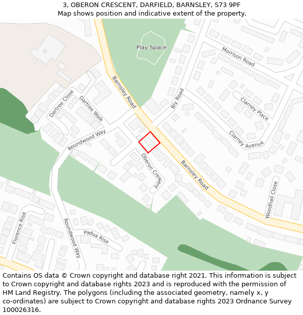 3, OBERON CRESCENT, DARFIELD, BARNSLEY, S73 9PF: Location map and indicative extent of plot