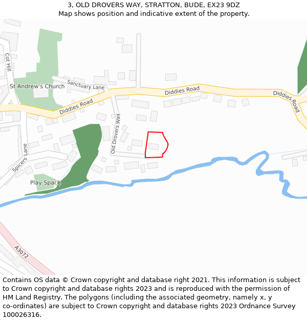 3, OLD DROVERS WAY, STRATTON, BUDE, EX23 9DZ: Location map and indicative extent of plot
