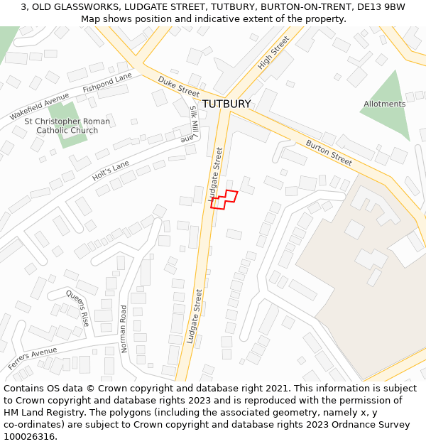 3, OLD GLASSWORKS, LUDGATE STREET, TUTBURY, BURTON-ON-TRENT, DE13 9BW: Location map and indicative extent of plot