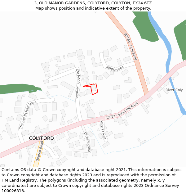 3, OLD MANOR GARDENS, COLYFORD, COLYTON, EX24 6TZ: Location map and indicative extent of plot