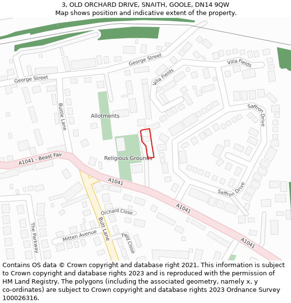 3, OLD ORCHARD DRIVE, SNAITH, GOOLE, DN14 9QW: Location map and indicative extent of plot