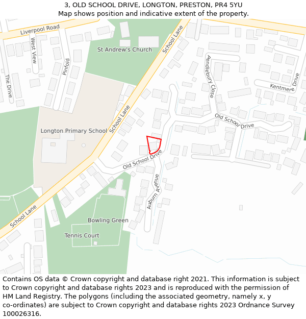 3, OLD SCHOOL DRIVE, LONGTON, PRESTON, PR4 5YU: Location map and indicative extent of plot