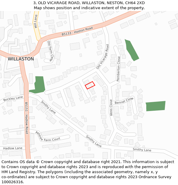 3, OLD VICARAGE ROAD, WILLASTON, NESTON, CH64 2XD: Location map and indicative extent of plot