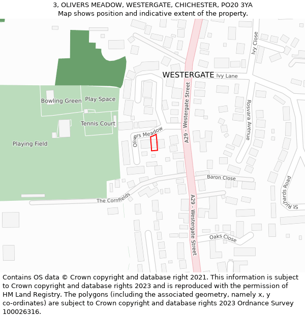 3, OLIVERS MEADOW, WESTERGATE, CHICHESTER, PO20 3YA: Location map and indicative extent of plot