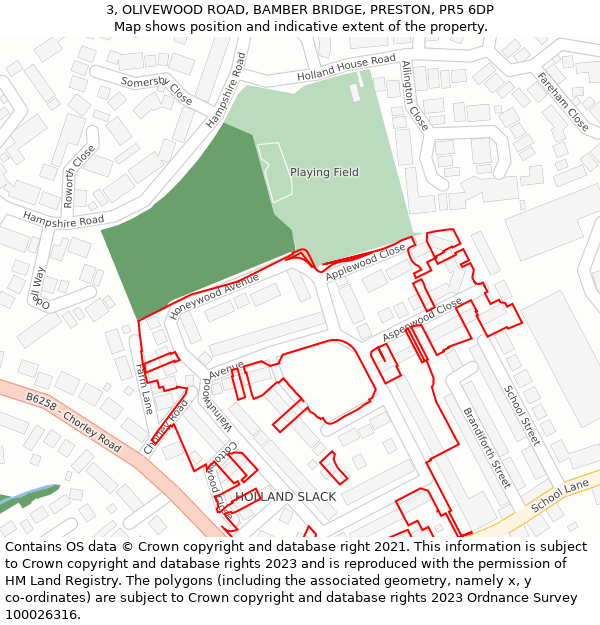 3, OLIVEWOOD ROAD, BAMBER BRIDGE, PRESTON, PR5 6DP: Location map and indicative extent of plot