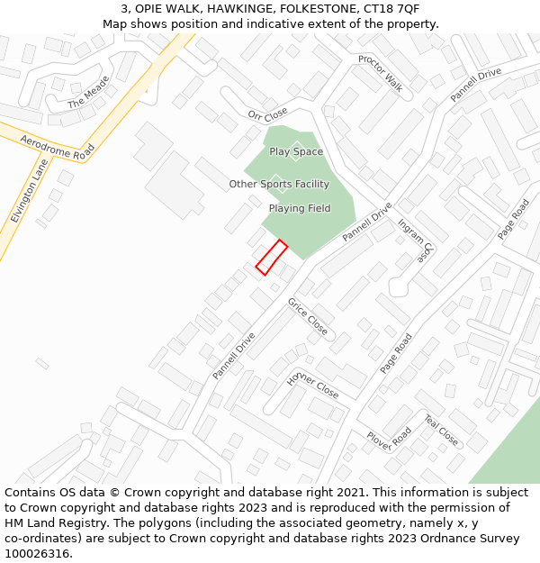 3, OPIE WALK, HAWKINGE, FOLKESTONE, CT18 7QF: Location map and indicative extent of plot