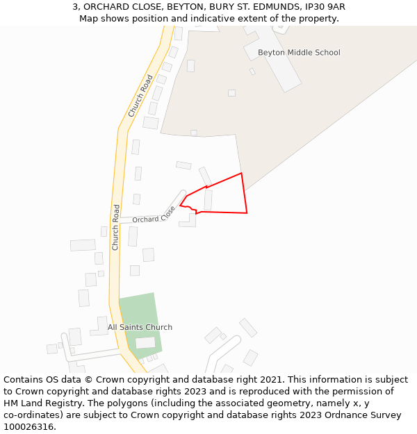 3, ORCHARD CLOSE, BEYTON, BURY ST. EDMUNDS, IP30 9AR: Location map and indicative extent of plot