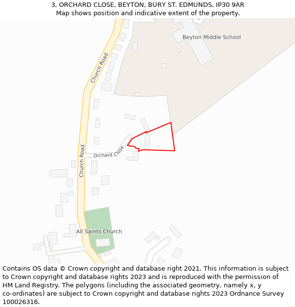 3, ORCHARD CLOSE, BEYTON, BURY ST EDMUNDS, IP30 9AR: Location map and indicative extent of plot