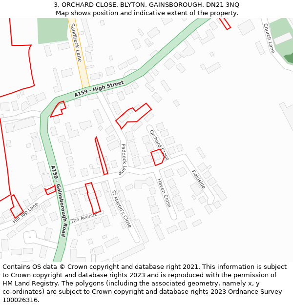 3, ORCHARD CLOSE, BLYTON, GAINSBOROUGH, DN21 3NQ: Location map and indicative extent of plot