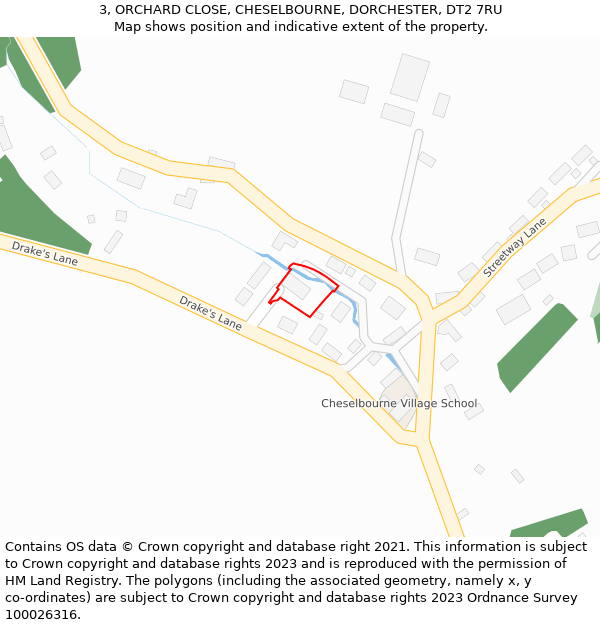 3, ORCHARD CLOSE, CHESELBOURNE, DORCHESTER, DT2 7RU: Location map and indicative extent of plot