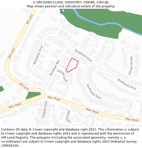 3, ORCHARD CLOSE, GOOSTREY, CREWE, CW4 8JL: Location map and indicative extent of plot