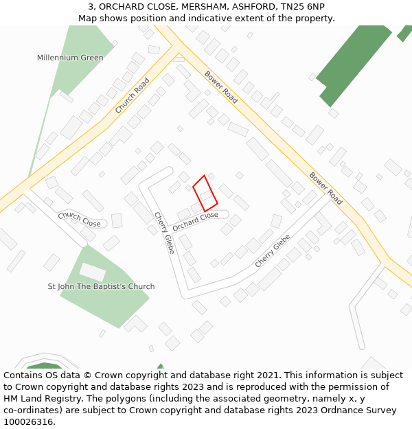 3, ORCHARD CLOSE, MERSHAM, ASHFORD, TN25 6NP: Location map and indicative extent of plot