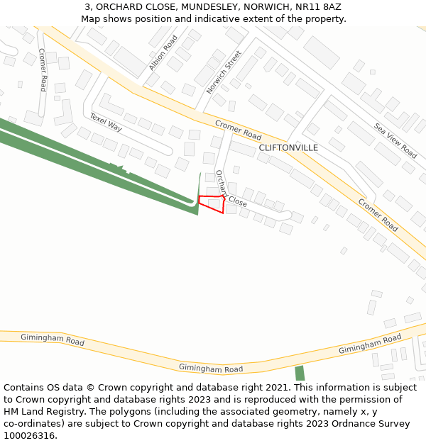 3, ORCHARD CLOSE, MUNDESLEY, NORWICH, NR11 8AZ: Location map and indicative extent of plot