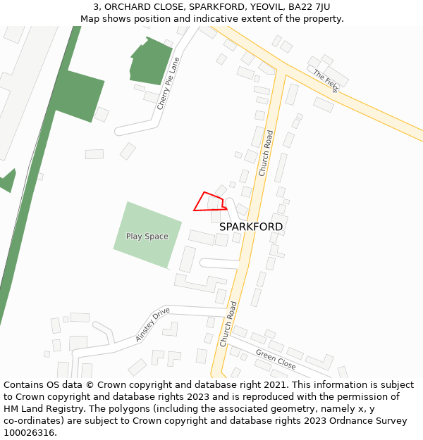 3, ORCHARD CLOSE, SPARKFORD, YEOVIL, BA22 7JU: Location map and indicative extent of plot