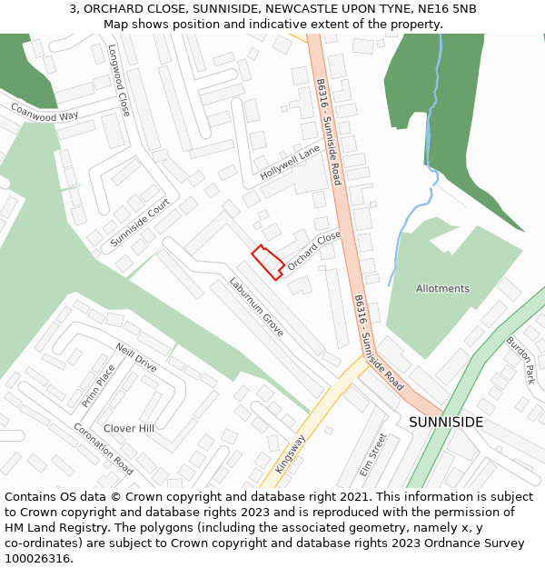 3, ORCHARD CLOSE, SUNNISIDE, NEWCASTLE UPON TYNE, NE16 5NB: Location map and indicative extent of plot