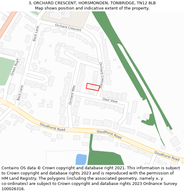 3, ORCHARD CRESCENT, HORSMONDEN, TONBRIDGE, TN12 8LB: Location map and indicative extent of plot